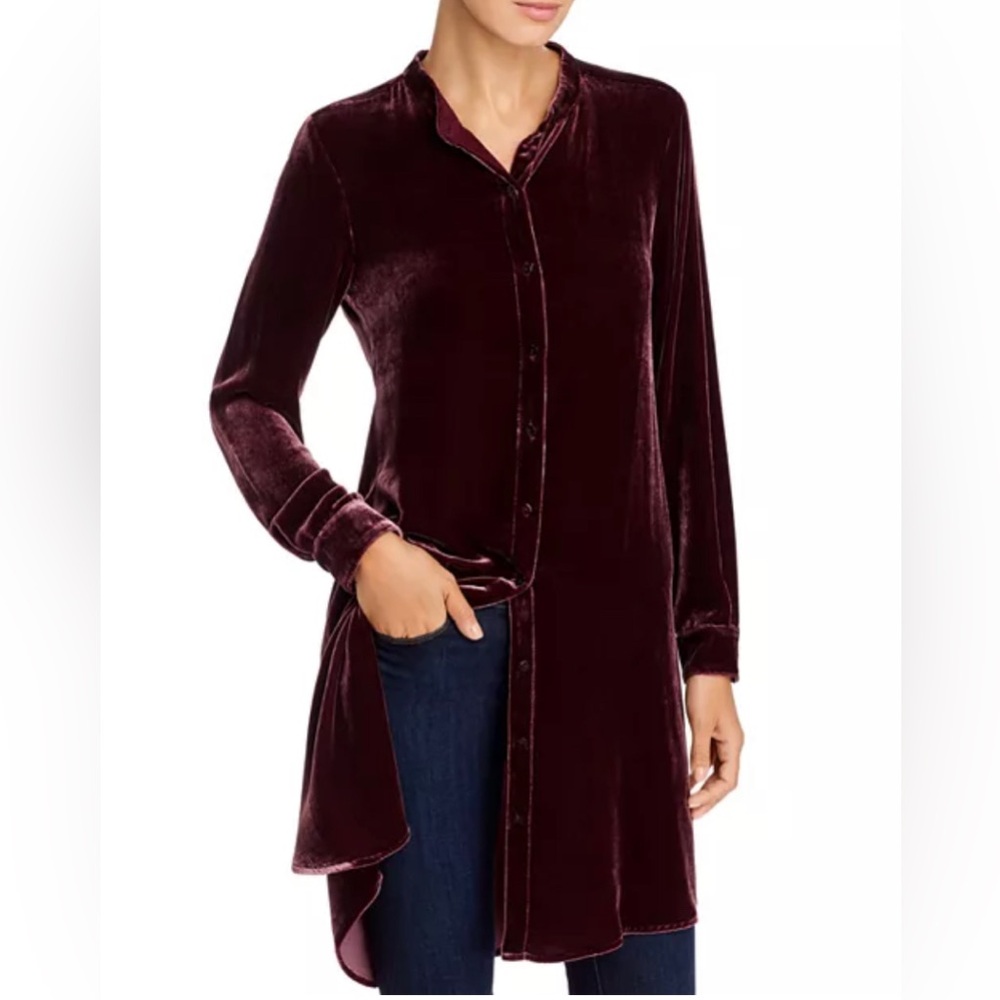 EILEEN FISHER Velvet Button Down Mandarin Collar Long Shirt Silk Shirt/Dress XS